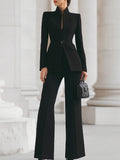 Women's Tailored Blazer and Trouser Suit with Stand Collar and Flared Leg - Black