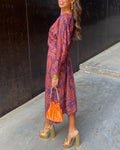 Women's A-Line Maxi Dress with V-Neck and Long Sleeves - Purple