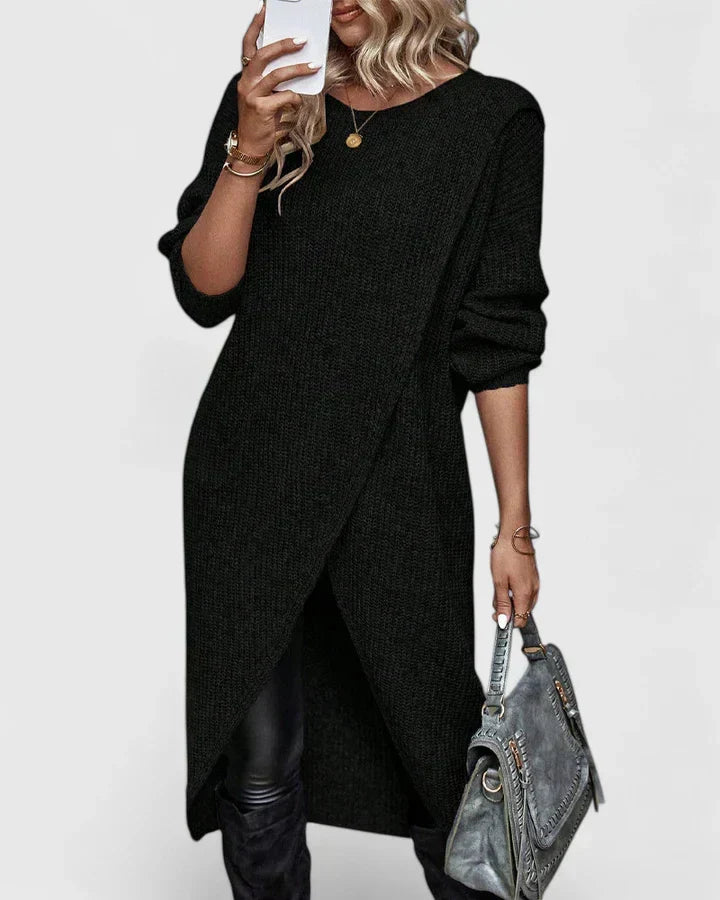 Women's Jumper Dress Long Sleeve with Wrap Front Hem - Black