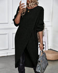 Women's Ribbed Jumper Dress with Side Slit Long Sleeve - Black
