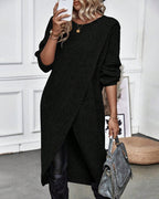 Women's Ribbed Jumper Dress with Side Slit Long Sleeve - Black