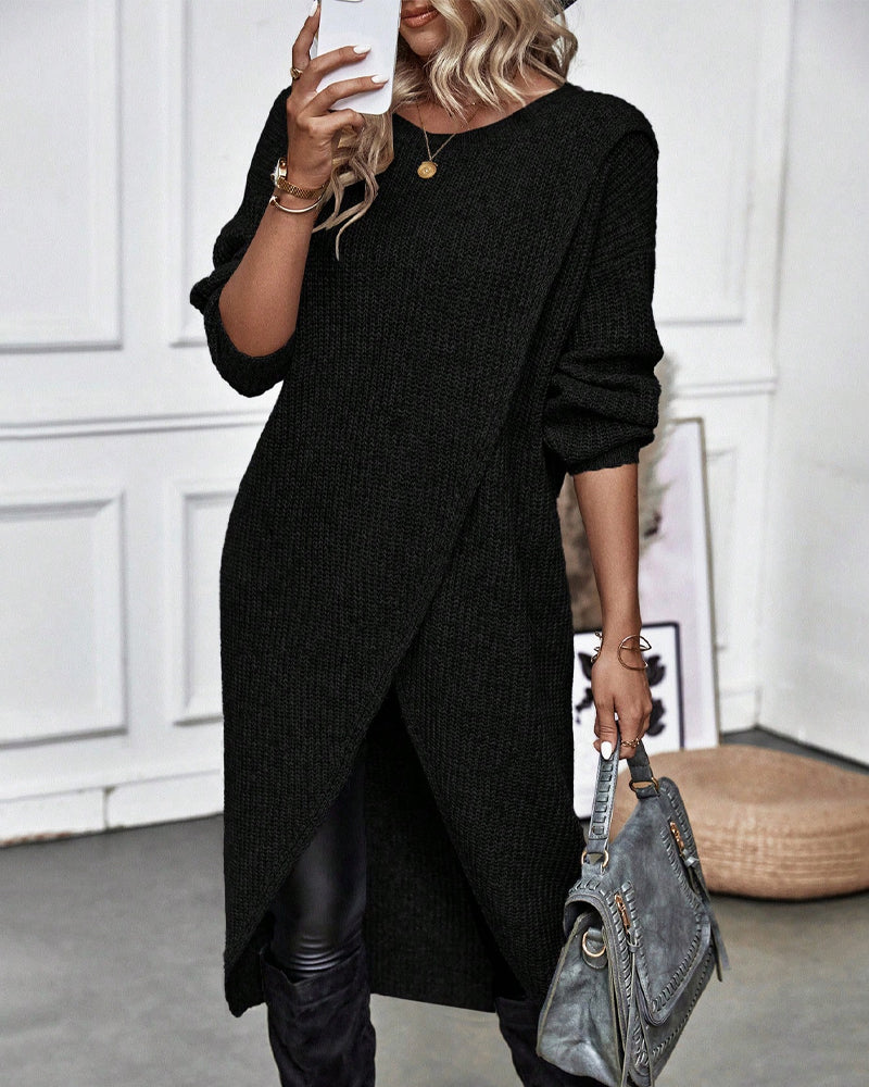 Women's Ribbed Jumper Dress with Side Slit Long Sleeve - Black