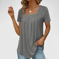 Women's Blouse Short Sleeve with Square Neckline and Pleated Front - Grey