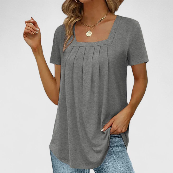 Women's Blouse Short Sleeve with Square Neckline and Pleated Front - Grey