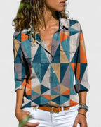 Women's Striped Blouse with Collar and Long Sleeves - Orange