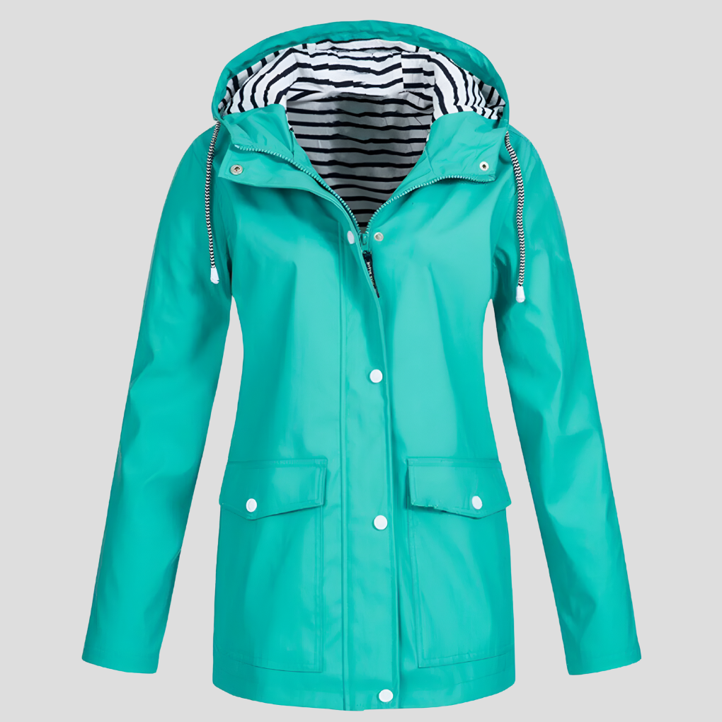 Women's Hooded Rain Jacket with Adjustable Hood and Snap Pockets - Green