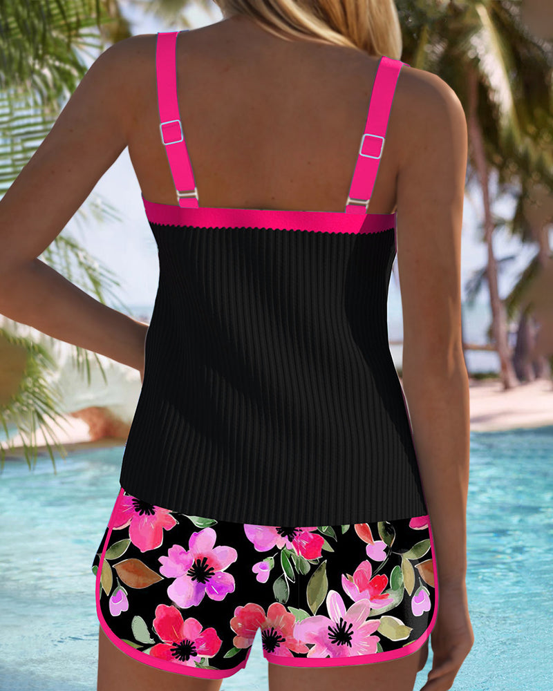 Tummy-Control Tankini Swimsuit Set with Floral Shorts - 6