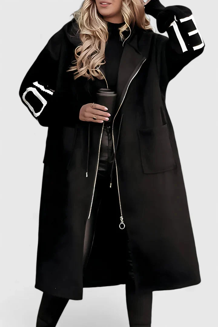 Women's Longline Hooded Coat with Zip Front and Contrast Knit Sleeves - Black