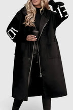 Women's Longline Hooded Coat with Zip Front and Contrast Knit Sleeves - Black