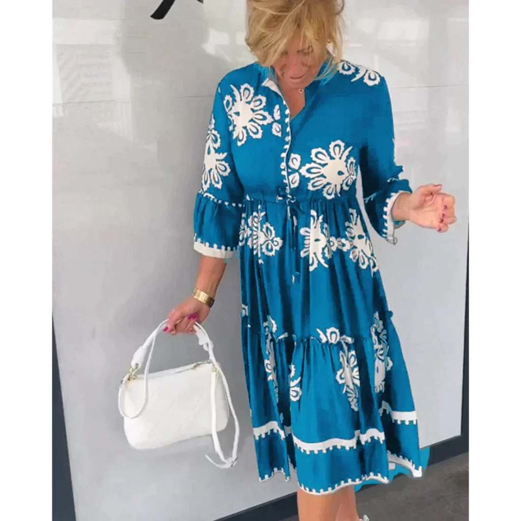 Women's Floral Print Dress with Three-Quarter Sleeves and Tiered Hem - Blue