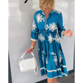 Women's Floral Print Dress with Three-Quarter Sleeves and Tiered Hem - Blue