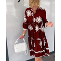 Women's Floral Print Dress with Three-Quarter Sleeves and Tiered Hem - Red