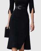 Women's Midi Dress with Belted Waist and Asymmetric Hem - 4