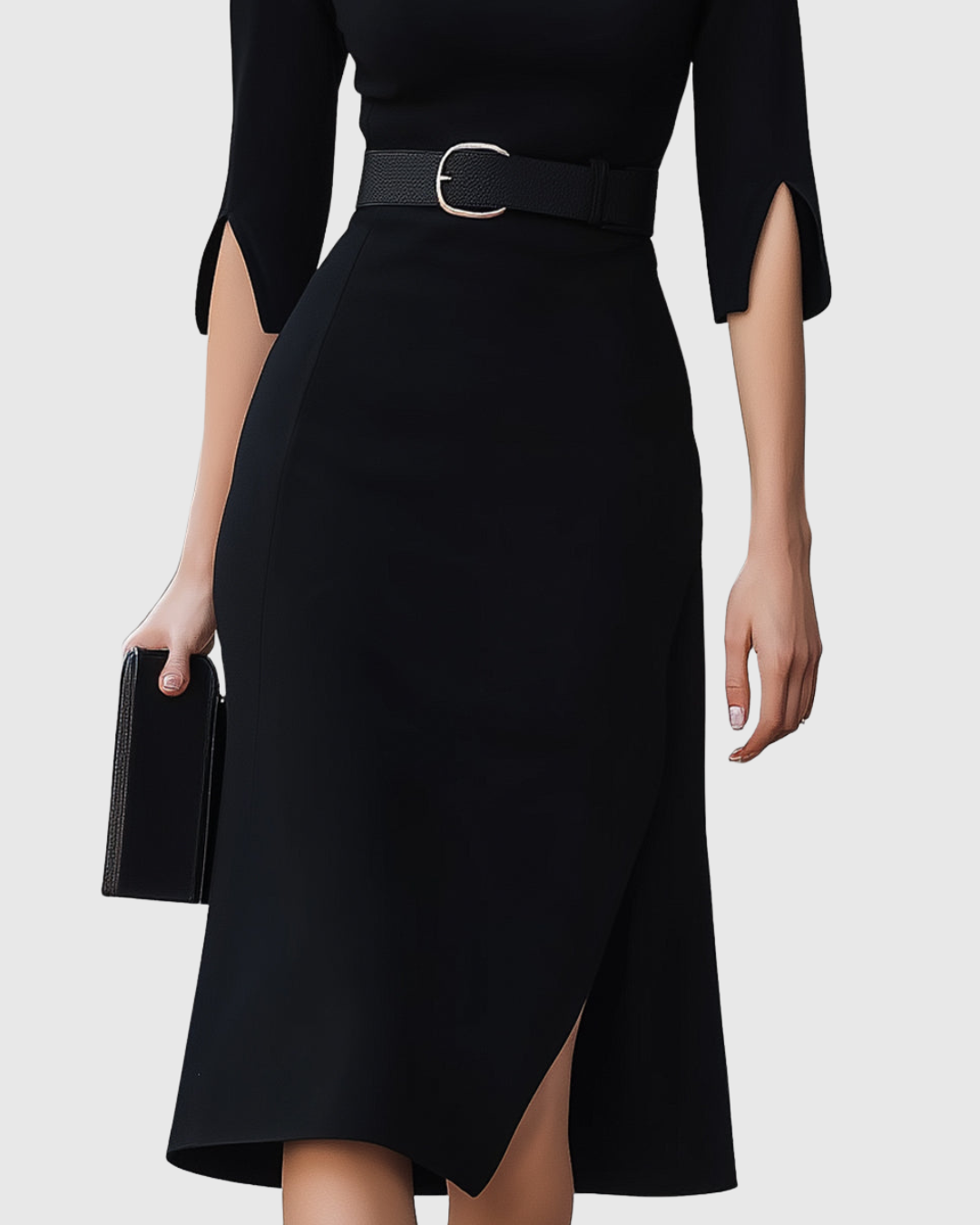 Women's Midi Dress with Belted Waist and Asymmetric Hem - 4