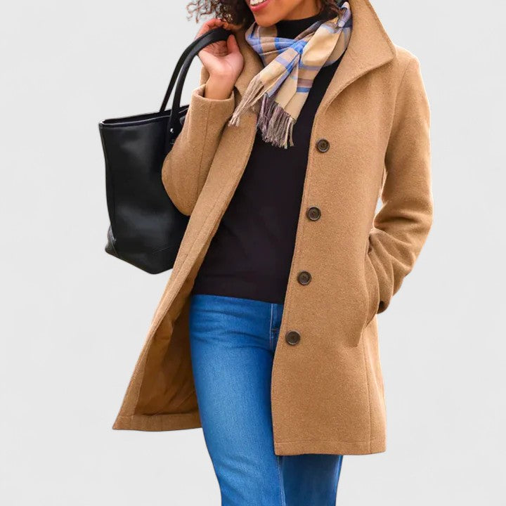 Women's Coat Single-Breasted with Notched Collar and Button Front - Khaki