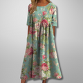 Women's Floral Print Midi Dress with Half Sleeves and Pockets - Mint Green
