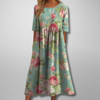 Women's Floral Print Midi Dress with Half Sleeves and Pockets - Mint Green