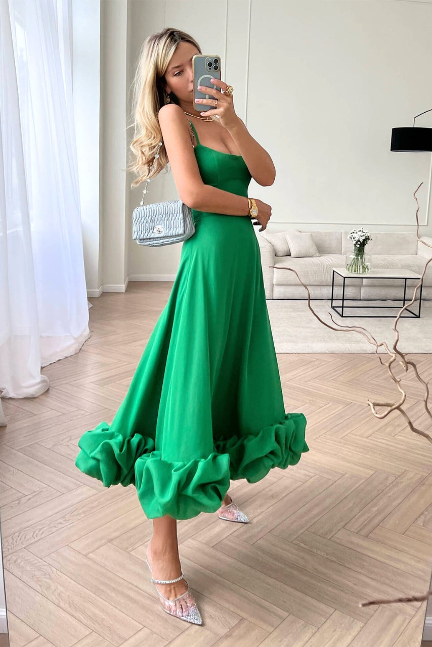 Women's Sleeveless Occasion Dress with Ruffle Hem and A-Line Silhouette - Green