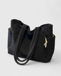 Women's Tote Bag with Ribbed Texture and Side Pockets - Black