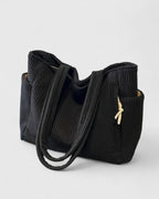 Women's Tote Bag with Ribbed Texture and Side Pockets - Black