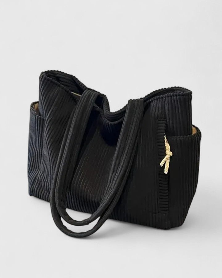 Women's Tote Bag with Ribbed Texture and Side Pockets - Black