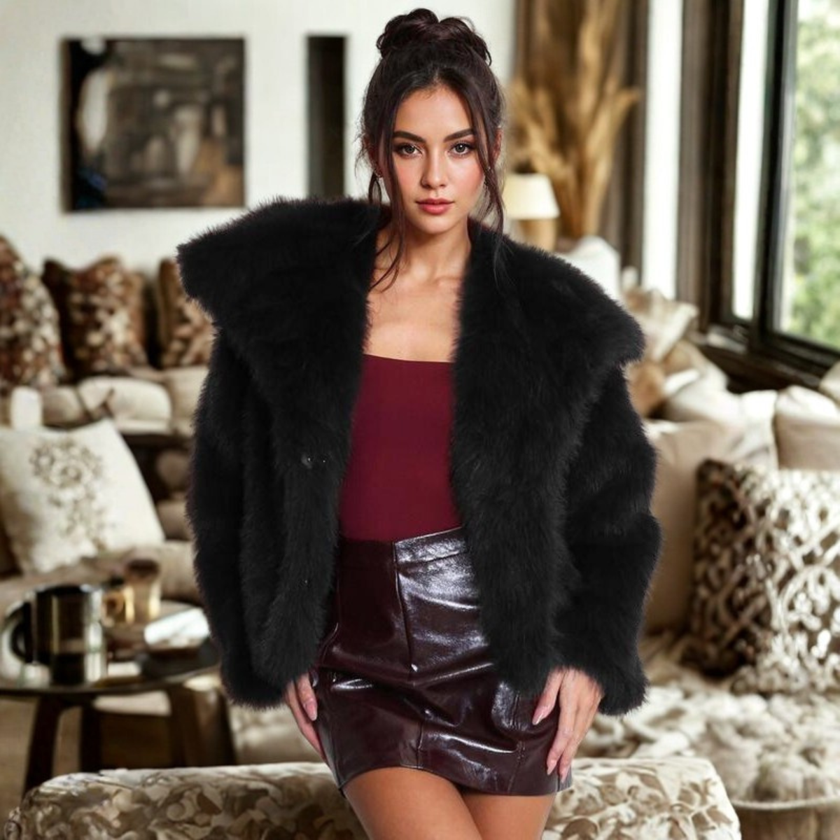 Corrine - Classy Long Sleeve Collared Fuzzy Coat - Black
