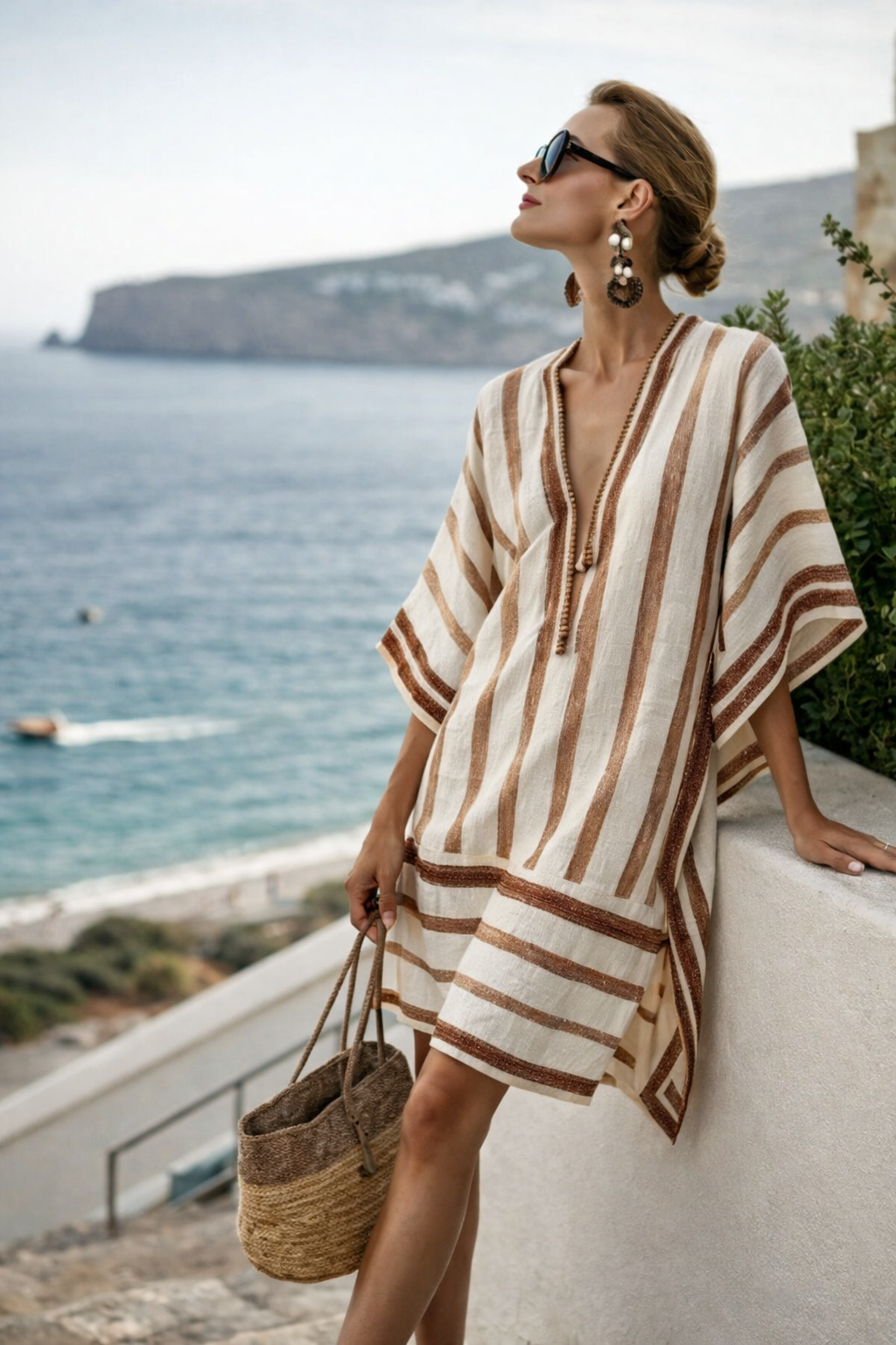 Women's Striped Kaftan Dress with V-Neck and Wide Sleeves - Brown/White
