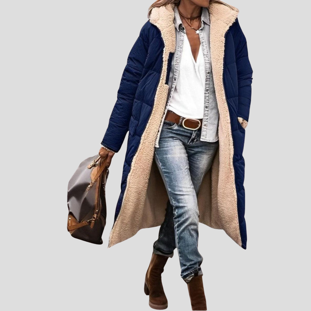 Women's Hooded Reversible Long Coat with Teddy Lining - Navy Blue
