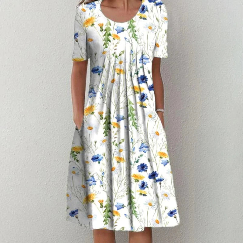 Women's Floral Print Short Sleeve Dress with Round Neck and Pockets - 2