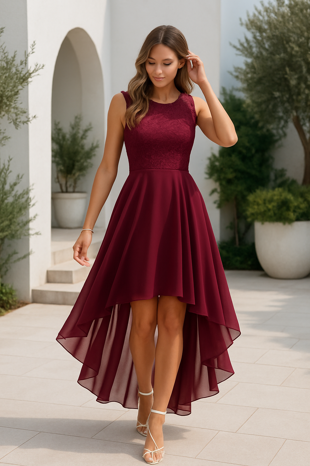 Women's Sleeveless High-Low Dress with Lace Bodice and A-Line Skirt - 2
