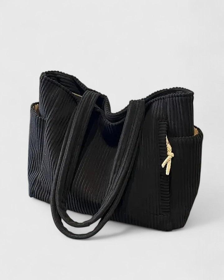 Women's Ribbed Tote Bag with Cord Detail - Black