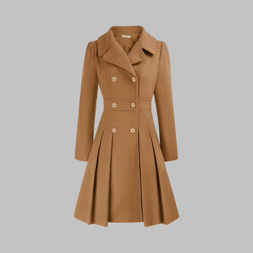 Women's Double-Breasted Long Sleeve Coat with Pleated Skirt - Camel