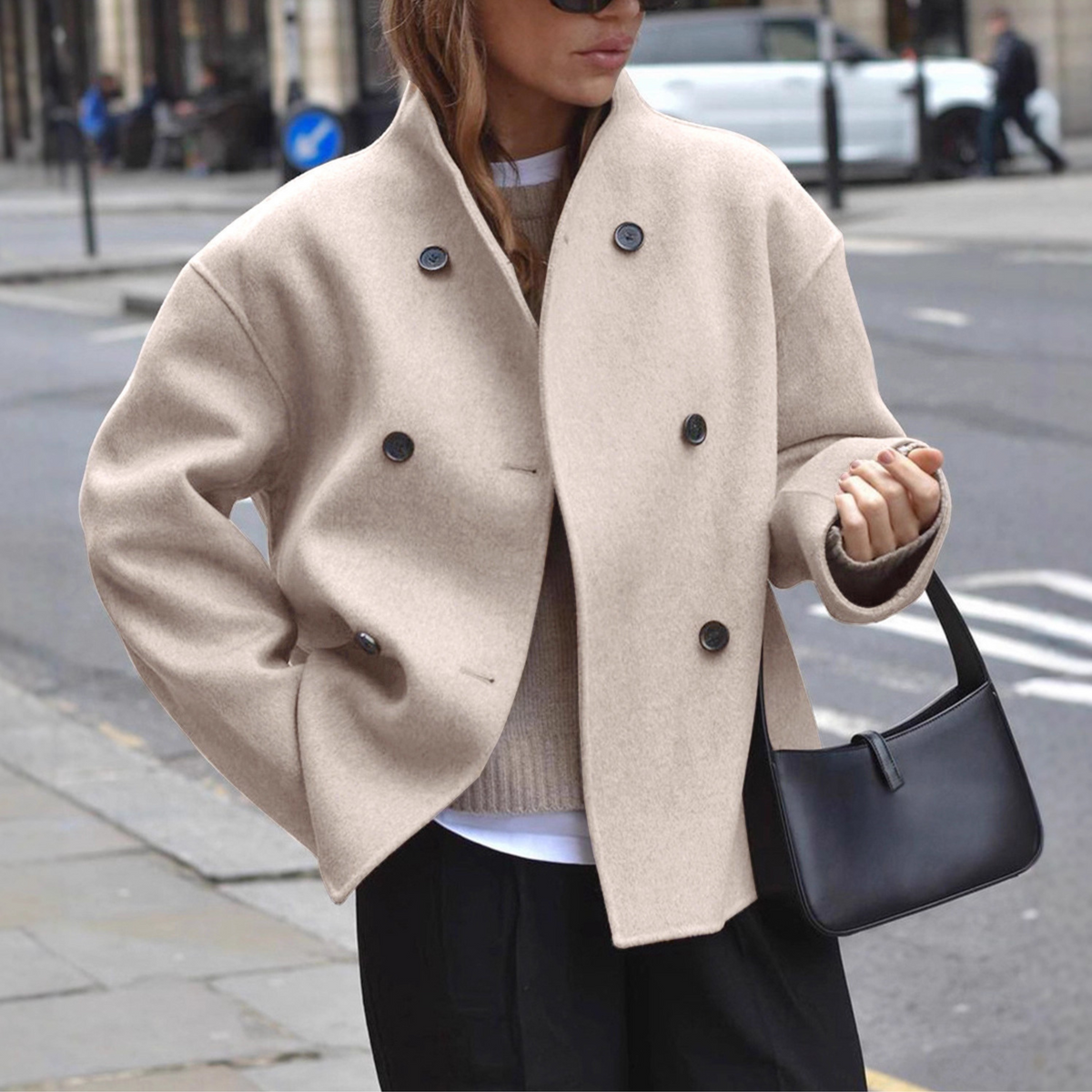 Women's Long Sleeve Stand Collar Coat with Double-Breasted Buttons - Khaki