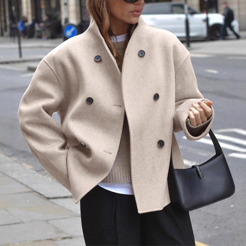 Women's Long Sleeve Stand Collar Coat with Double-Breasted Buttons - Khaki