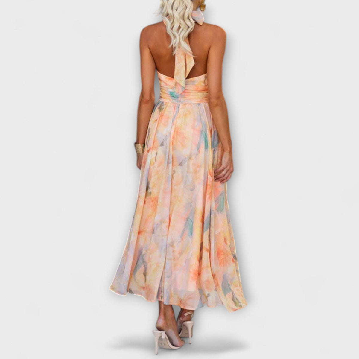 Women's Halter Neck Maxi Dress with Tie Waist and Back Cut-Out - 2