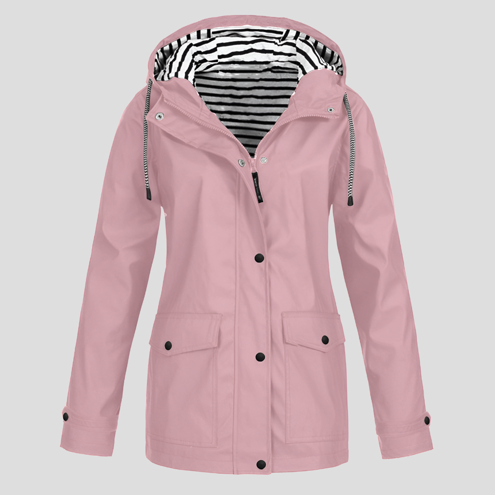 Women's Hooded Rain Jacket with Adjustable Hood and Snap Pockets - Pink