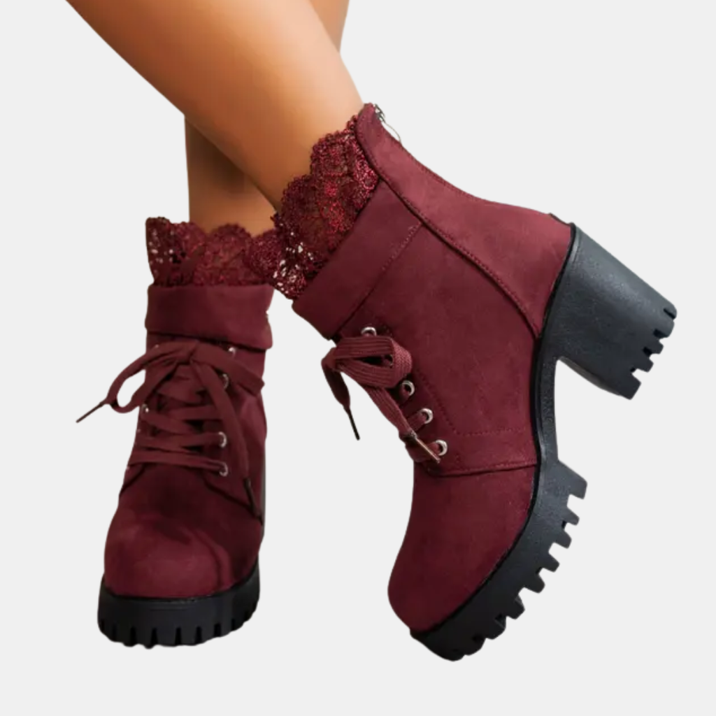 Women's Lace Up Ankle Boots with Decorative Lace Trim and Block Heel - 5