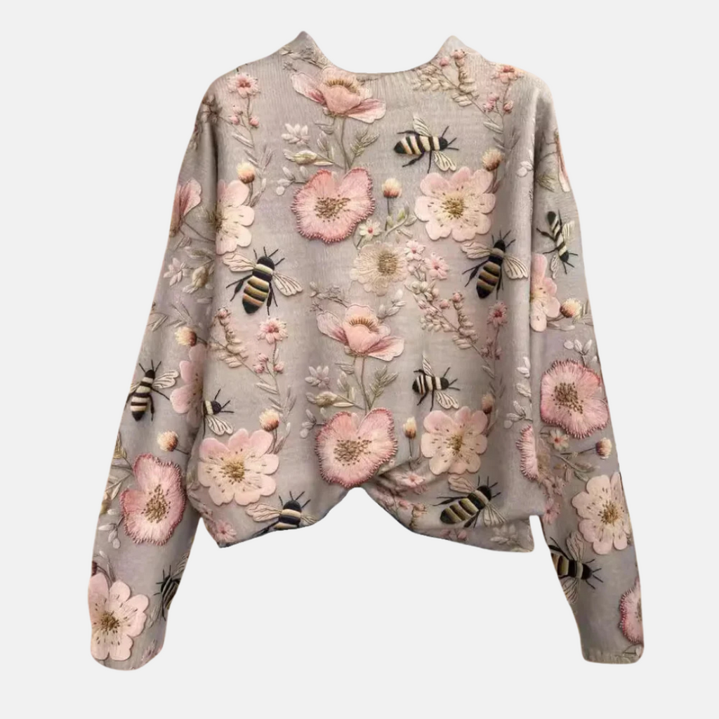 Women's Embroidered Floral Knit Jumper Loose Fit Crew Neck - Style B