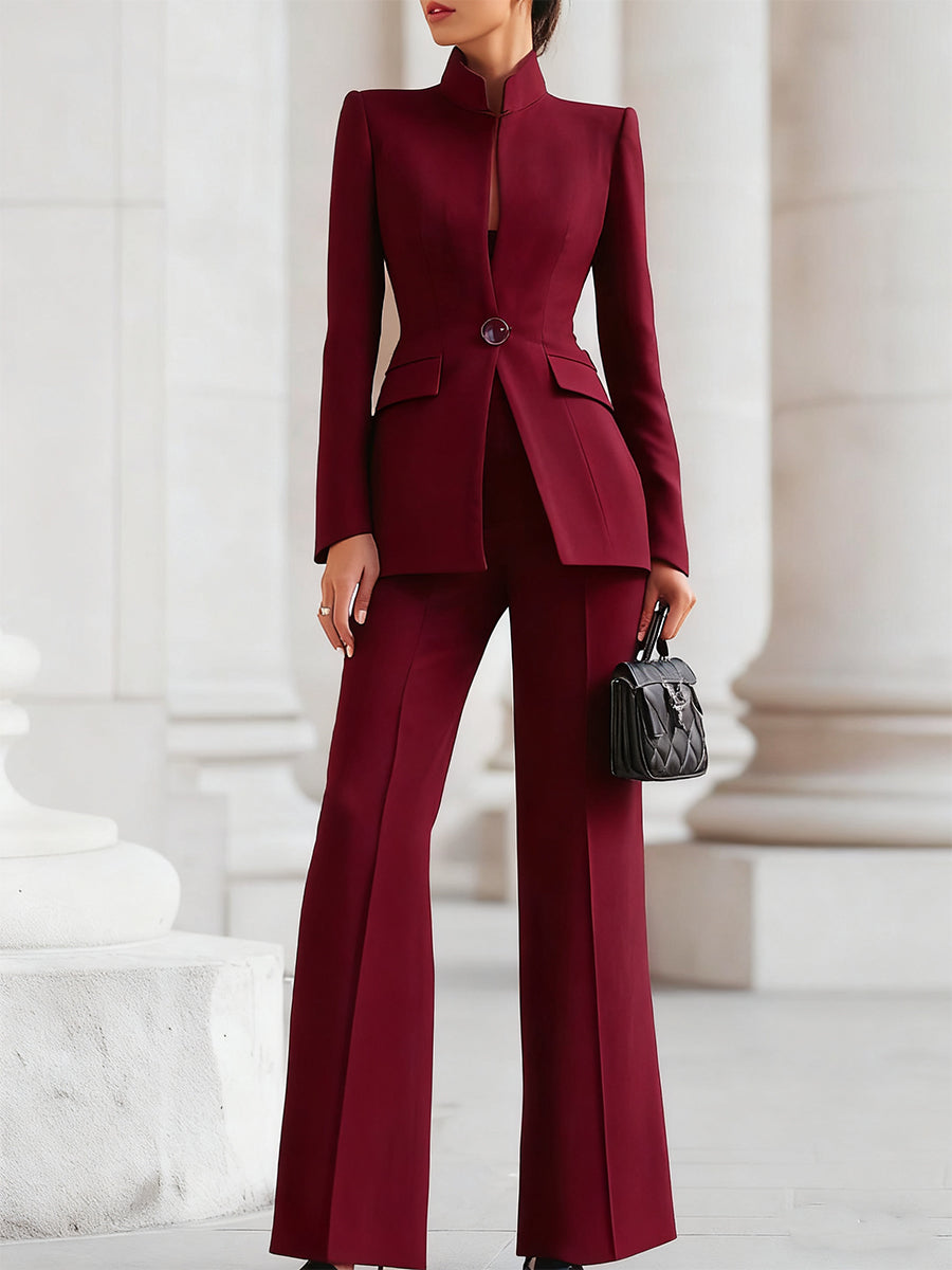 Women's Tailored Blazer and Trouser Suit with Stand Collar and Flared Leg - Bordeaux Red