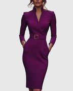 Women's Pencil Midi Dress with Wrap Neckline and Three-Quarter Sleeves - 7