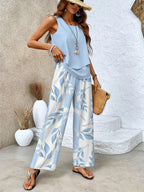 Women Two-Piece Set Layered Sleeveless Tank with Printed Wide-Leg Trousers - 8