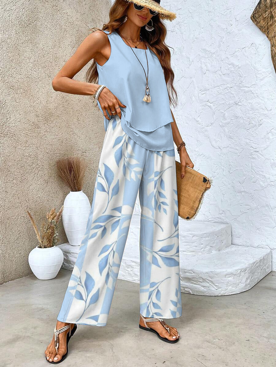 Women Two-Piece Set Layered Sleeveless Tank with Printed Wide-Leg Trousers - 8