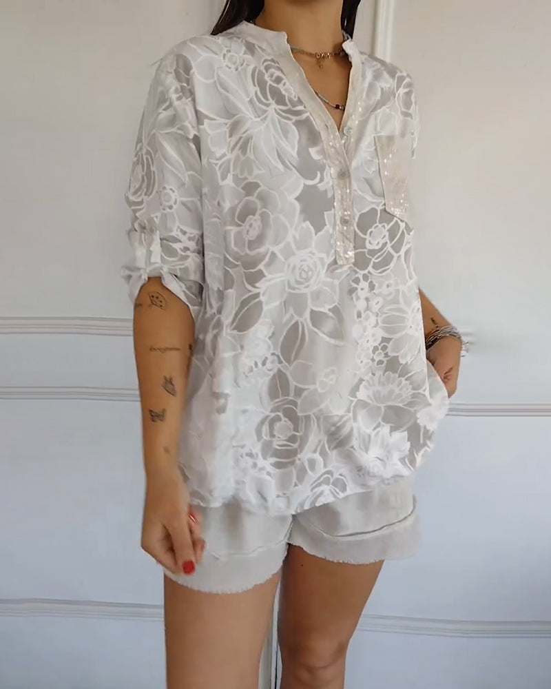 Women's Floral Print Blouse with Roll-Up Sleeves and V-Neck - 13