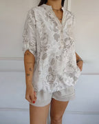 Women's Floral Print Blouse with Roll-Up Sleeves and V-Neck - 13