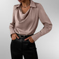 Women's Satin Blouse with Draped Collar and Long Sleeves - Champagne