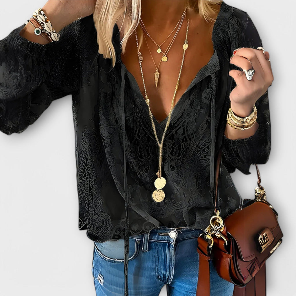 Women's Lace Blouse with Tie-Neck and Long Sleeves - Black