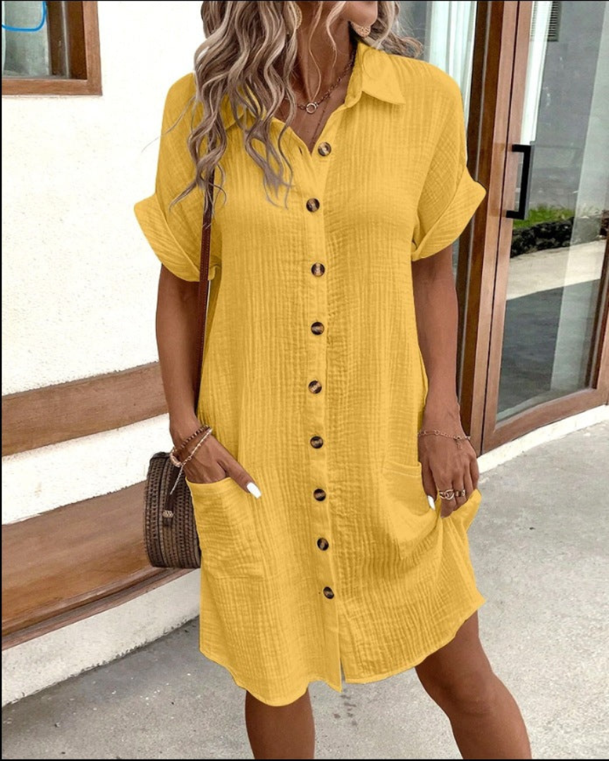 Women's Shirt Dress Button-Up with Collar and Side Pockets - Yellow