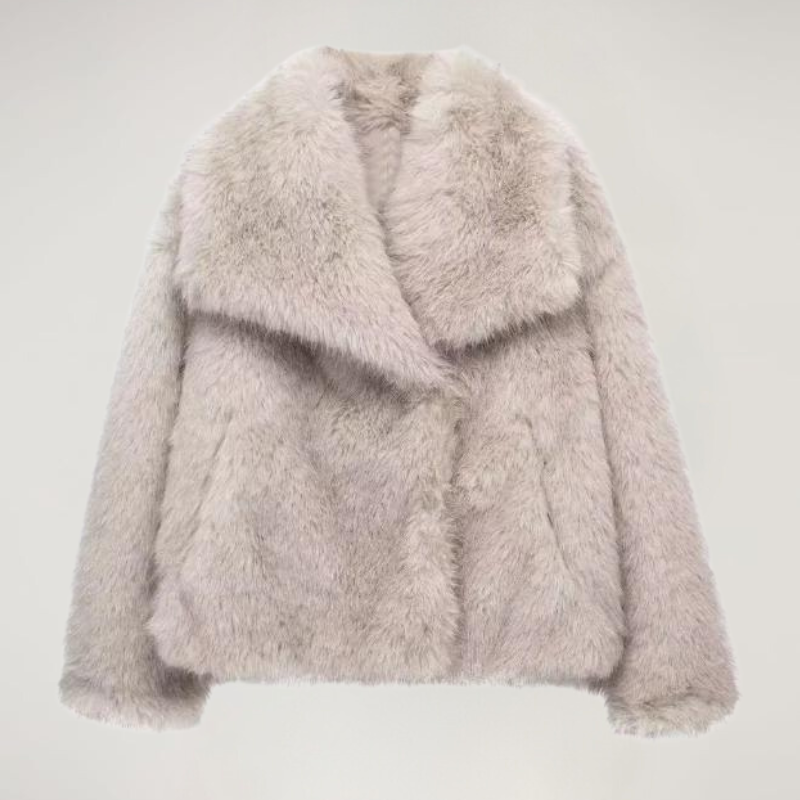 Women's Faux Fur Coat with Wide Collar - Grey