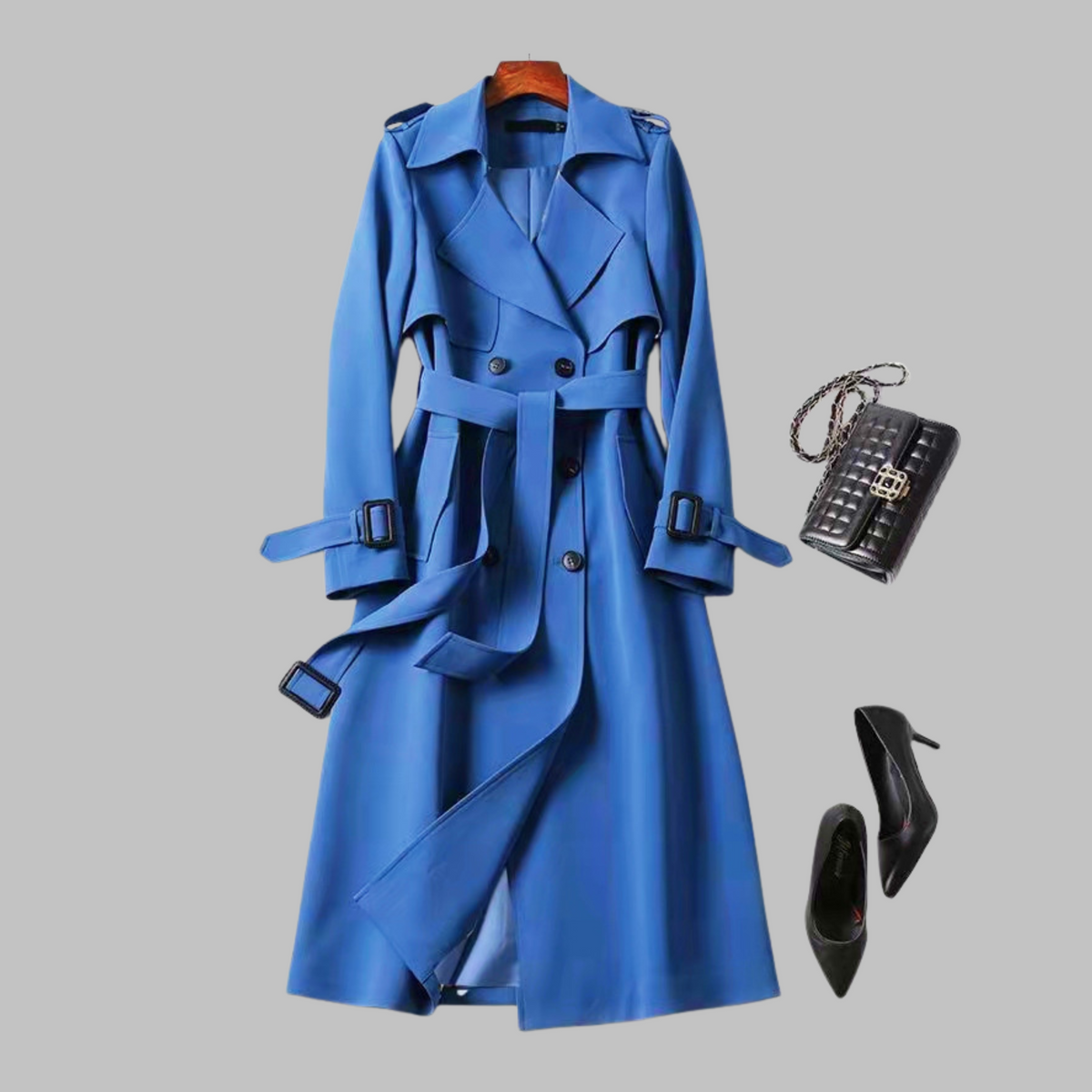 Women's Knee-Length Loose Fit Coat with Belt and Wide Lapel - Blue
