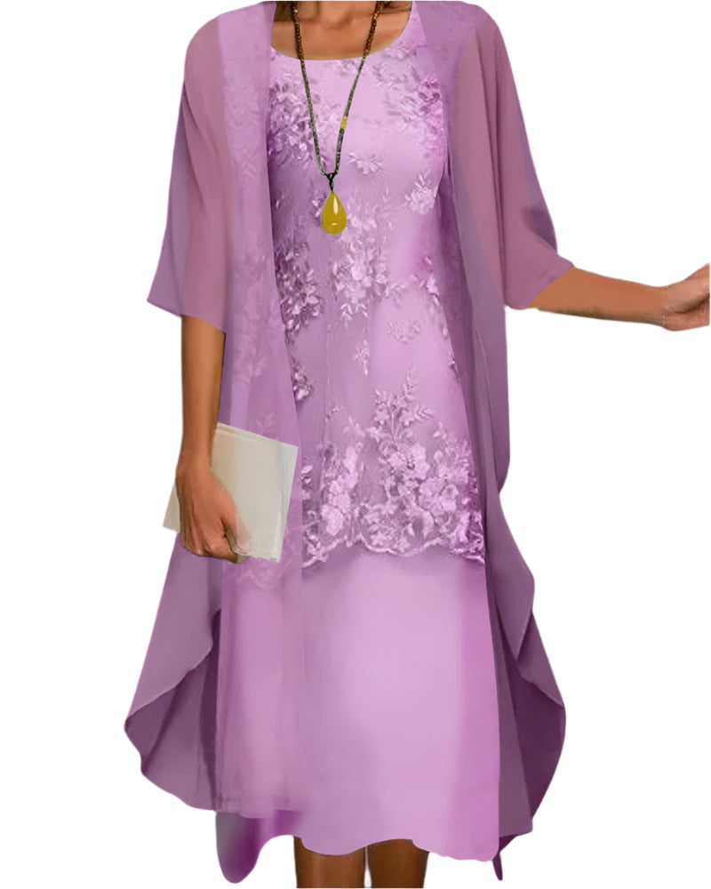 Women's Midi Dress with Sheer Layered Sleeves and Lace Overlay - Purple